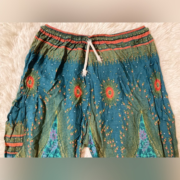 Majestic Peacock Boho Festival Hippie Indie Gypsy Harlem Palazzo Pants Green S M - Picture 3 of 14